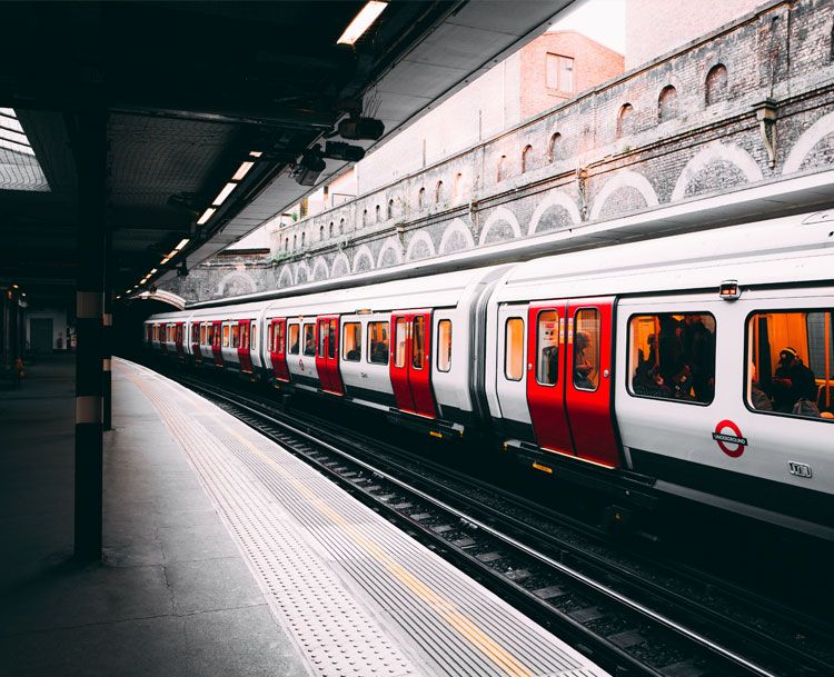 Underground station with tube train showing high-voltage power infrastructure installed by ADY-HV